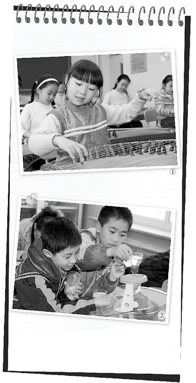 　圖1：鐵路五小古箏社團的孩子們正在演奏《高山流水》，圖2：科學課上，孩子們正在探索水的秘密。