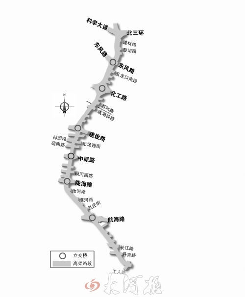 截至目前，僅剩西三環(huán)跨長江路、丹青路高架橋金水河處一座箱梁尚未澆筑。