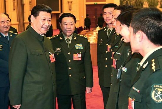 中共中央總書記、中共中央軍委主席習(xí)近平出席十二屆全國人大一次會(huì)議解放軍代表團(tuán)全體會(huì)議并發(fā)表重要講話。