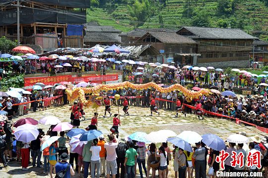 圖為當(dāng)?shù)丶t瑤民眾舞起長龍祈求風(fēng)調(diào)雨順。中新社發(fā) 韋吉陽 攝