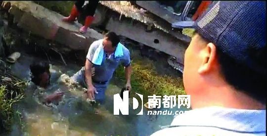 男子沒入水塘后試圖反抗，遭戴黑帽男子毆打。視頻截圖