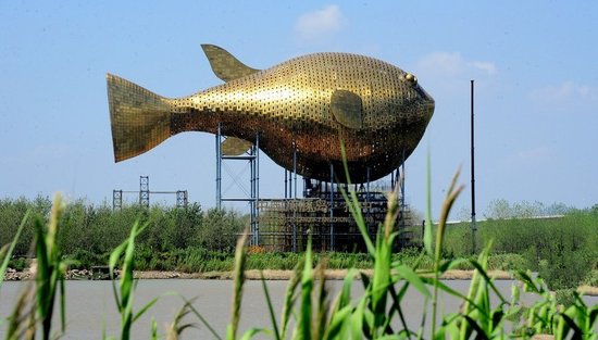 昨天，揚中市西沙島，正在施工的河豚塔金光閃閃