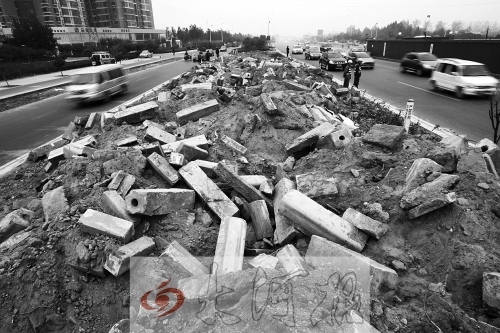 中州大道部分路段，綠化帶成了垃圾場。