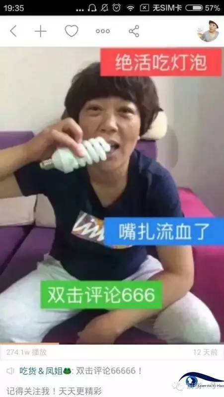 “吃貨鳳姐”直播吃燈泡。