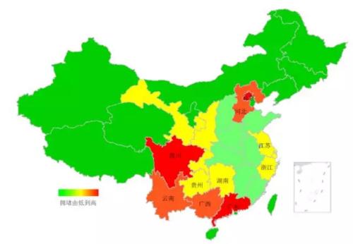端午期間省域擁堵情況。來源：交通部聯(lián)合其他機構(gòu)發(fā)布的《2018年端午全國公路網(wǎng)出行預(yù)測報告》。