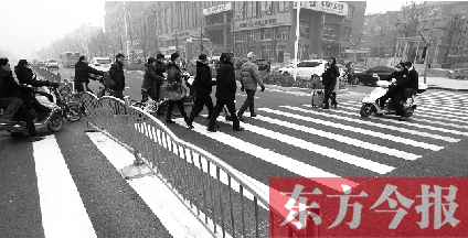 昨日，鄭州市建設(shè)路百花路口，馬路斑馬線被交通護(hù)欄隔斷