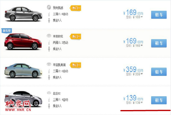 平時(shí)部分汽車租車價(jià)格。