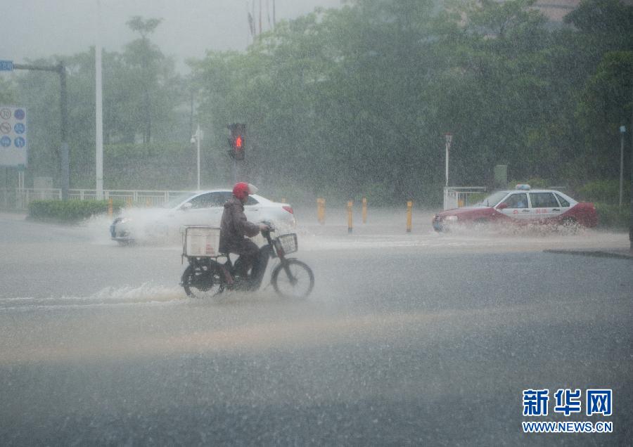 5月11日，車輛在深圳西麗留仙大道涉水前行。