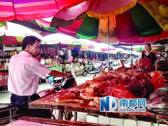  昨日，玉林垌口市場，一位市民在購買狗肉。