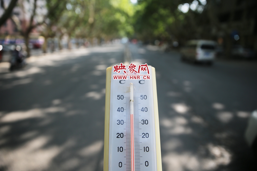 7月8日下午15時(shí)30分，人民路樹(shù)陰處溫度為36度，比人防納涼處高11度。