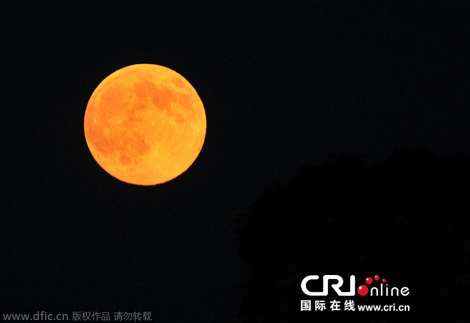8月10日晚，一輪金燦燦的大月亮在遼寧省大連市東方升起。圖片來源：劉德斌/東方IC