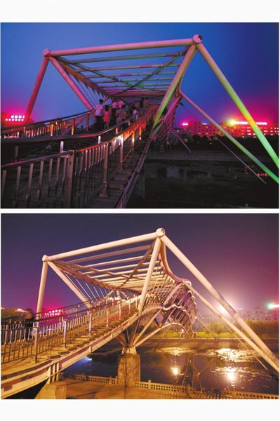 花園路西側(cè)東風(fēng)渠景觀橋，上圖攝于7月31日晚間，下圖攝于10月9日晚間。
