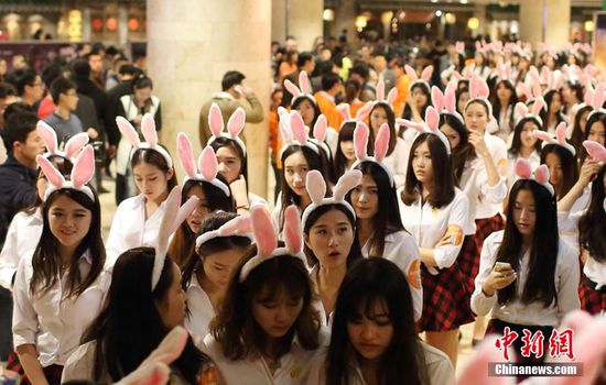 11月11日晚，一百位統(tǒng)一打扮的“兔女郎”現(xiàn)身南京新街口，逛街看電影玩快閃，走到哪里都被圍觀。