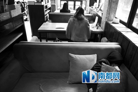 12月12日上午，不打烊書店里，12歲的楊東吃完午飯后抱著抱枕蜷在沙發(fā)里睡覺。