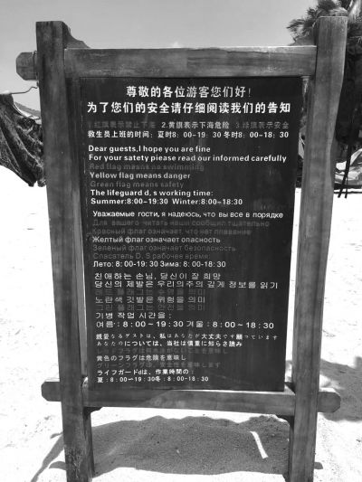 大東海海灘上用多國(guó)語(yǔ)言設(shè)立的安全告示。
